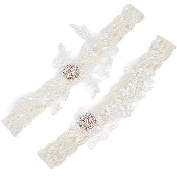 Lace Elastic Bridal Garters, with Rhinestone & Peal and Flower Pattern, Wedding Garment Accessories, Floral White, 3/4 inch(20mm)~3-1/8 inch(78mm), 2pcs/set