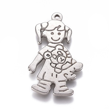 304 Stainless Steel Pendants, Girl with Bear, Antique Silver, 36x21x2mm, Hole: 1.6mm