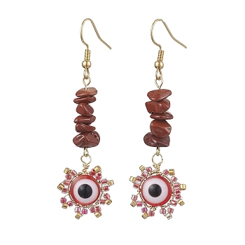 Evil Eye Natural Red Jasper Chip & Seed Beads Dangle Earrings, 304 Stainless Steel Jewelry for Women, Golden, Red, 61~63x18mm