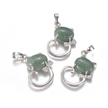 Natural Green Aventurine Kitten Pendants, with Platinum Tone Brass Findings and Crystal Rhinestone, Cat with Bowknot Shape, 32x25.5x7.5mm, Hole: 4.5x7mm