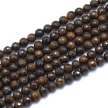 Natural Bronzite Beads Strands, Round, Faceted(128 Facets), 6mm, Hole: 0.8mm, about 64pcs/strand, 15.35 inch(39cm)