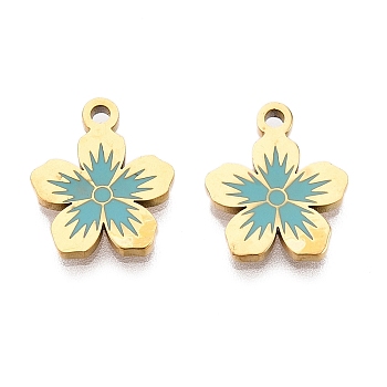 Ion Plating(IP) 316L Surgical Stainless Steel Charms, Nickel Free, with Enamel, Flower Charm, Real 18K Gold Plated, Dark Turquoise, 13x11x1.5mm, Hole: 1.4mm