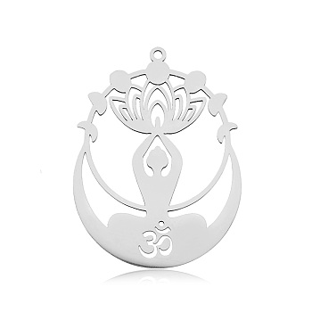 201 Stainless Steel Yoga Theme Pendants, Laser Cut, Lotus with Human, Stainless Steel Color, 43x32x1mm, Hole: 1.6mm