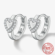 Rhodium Plated Platinum 925 Sterling Silver Micro Pave Cubic Zirconia Hoop Earrings, Heart, with 925 Stamp, Clear, 12.8x14.8mm(AA4054-1)