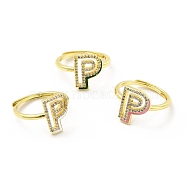 Mixed Color Enamel Initial Letter Adjustable Ring with Clear Cubic Zirconia, Real 18K Gold Plated Brass Jewelry for Women, Cadmium Free & Lead Free, Letter.P, US Size 5 1/4(16mm), Letter.P: 13.5x10.5mm(RJEW-P045-01G-P)