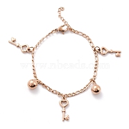 304 Stainless Steel Charm Bracelets, with Figaro Chains, Heart Key & Round, Rose Gold, 6-7/8 inch(17.5cm)(STAS-B021-17RG)