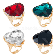 FIBLOOM 4Pcs 4 Colors Glass Heart Adjustable Rings Set, Light Gold Alloy Rings, Mixed Color, US Size 8(18.1mm), 1Pc/color(RJEW-FI0001-11)