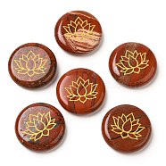 Natural Red Jasper Cabochons, Flat Round with Engraved Gold Lotus Flower, 25~26x6~7mm(G-C158-04J)