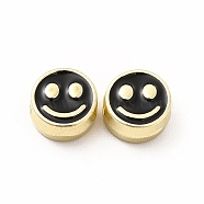 Rack Plating Alloy Enamel Beads, Cadmium Free & Nickel Free & Lead Free, Flat Round with Smiling Face Pattern, Light Gold, Black, 7.5x4mm, Hole: 2mm(FIND-G051-01LG-06)