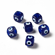 Resin Evil Eye European Beads, Large Hole Bead, Cube, Medium Blue, 12.5x14~14.5x14~14.5mm, Hole: 6mm(X-RESI-A021-01)