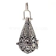 Rack Plating Brass Cage Pendants, For Chime Ball Pendant Necklaces Making, with Rhinestone, teardrop, Antique Silver, 43x27x22mm, Hole: 3x6mm, inner measure: 20mm(KK-S751-067AS)