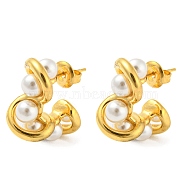 Ion Plating(IP) 304 Stainless Steel Stud Earrings, with Plastic Imitation Pearl, Golden, 21.5x9mm(EJEW-C068-01G)