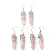 Natural Rose Quartz Bullet with Flower Dangle Earrings, Platinum Tone Brass Jewelry for Women, Cadmium Free & Lead Free, 62~63mm, Pin: 0.6mm(EJEW-G300-02P-01)