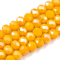 Electroplate Glass Beads Strands, Opaque Solid Color, AB Color Plated, Faceted, Rondelle, Gold, 6x5mm, Hole: 1mm, about 85~88pcs/strand, 16.1~16.5 inch(41~42cm)(EGLA-A034-P6mm-B26)