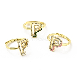 Mixed Color Enamel Initial Letter Adjustable Ring with Clear Cubic Zirconia, Real 18K Gold Plated Brass Jewelry for Women, Cadmium Free & Lead Free, Letter.P, US Size 5 1/4(16mm), Letter.P: 13.5x10.5mm(RJEW-P045-01G-P)