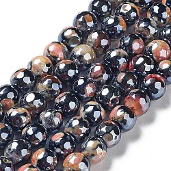 Electroplate Natural Fire Crackle Agate Beads Strands, Dyed & Heated, Faceted Round, Light Salmon, 8mm, Hole: 1mm, about 47~48pcs/strand, 14.37~14.88 inch(36.5~37.8cm)(G-G0006-A01-01)