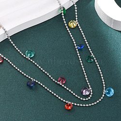 304 Stainless Steel Ball Chain Colorful Cubic Zirconia Flat Round Tassel Double Layer Necklaces for Women, Stainless Steel Color, 15.59 inch(39.6cm)(NJEW-A051-05P)