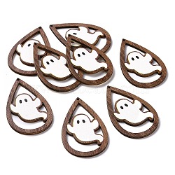 Halloween Theme Single Face Printed Aspen Wood Big Pendants, Teardrop Charm, Ghost Pattern, 54.5x34x2.5mm, Hole: 1.6mm(WOOD-G015-05I)