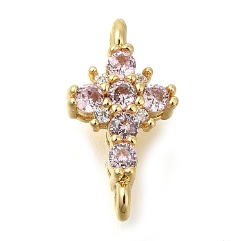 Brass Pave Cubic Zirconia Connector Charms, Cross Links, Real 16K Gold Plated, Pink, 15x7.5x4mm, Hole: 1.2mm