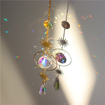 Quartz Crystal Big Pendant Decorations, Hanging Sun Catchers, Sun, Clear AB, 42cm