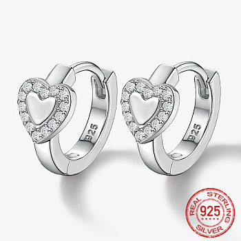 Rhodium Plated Platinum 925 Sterling Silver Micro Pave Cubic Zirconia Hoop Earrings, Heart, with 925 Stamp, Clear, 12.8x14.8mm
