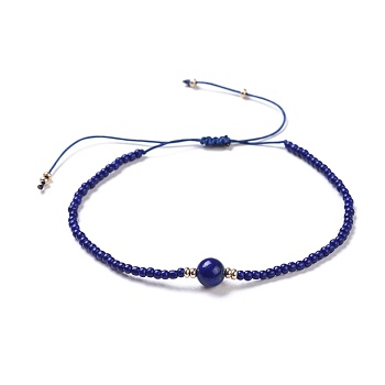 Nylon Thread Braided Beads Bracelets, with Seed Beads and Natural Lapis Lazuli(Dyed), 1-3/4 inch~3-1/8 inch(4.5~8cm)