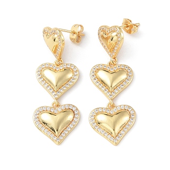 Clear Cubic Zirconia Heart Dangle Stud Earrings, Brass Jewelry for Women, Cadmium Free & Lead Free, Real 18K Gold Plated, 44mm, Pin: 0.8mm