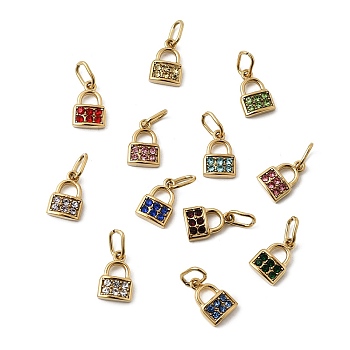 12Pcs 304 Stainless Steel Micro Pave Cubic Zirconia Charms, Lock Charms, Golden, 10.5x7x2.5mm, Jump Ring: 5.5x4.5x0.5mm, 4.5x2.5mm inner Diameter
