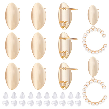 12Pcs Brass Oval Stud Earring Findings, with Vertical Loops and 30pcs Plastic Ear Nuts, Real 18K Gold Plated, 14x8mm, Hole: 2mm, Pin: 0.7mm