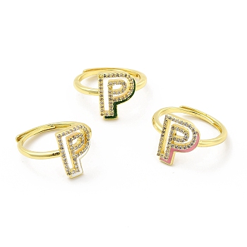 Mixed Color Enamel Initial Letter Adjustable Ring with Clear Cubic Zirconia, Real 18K Gold Plated Brass Jewelry for Women, Cadmium Free & Lead Free, Letter.P, US Size 5 1/4(16mm), Letter.P: 13.5x10.5mm