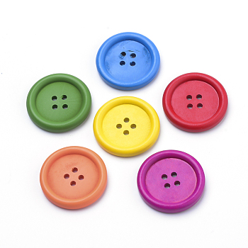 4-Hole Wooden Buttons, Flat Round, Dyed, Mixed Color, 14.5~15x4mm, Hole: 1.5mm
