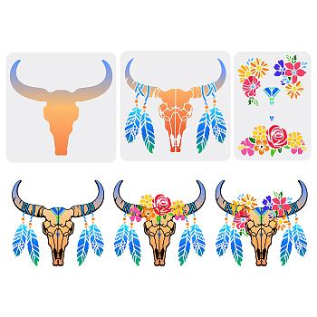 3Pcs 3 Styles PET Hollow Out Drawing Painting Stencils, for DIY Scrapbook, Photo Album, Fish Pattern, Cattle Skull Pattern, 210~300x297~300mm, 
1pc/style