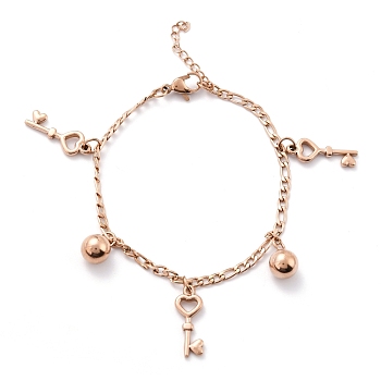 304 Stainless Steel Charm Bracelets, with Figaro Chains, Heart Key & Round, Rose Gold, 6-7/8 inch(17.5cm)