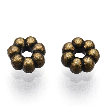 Tibetan Style Alloy Daisy Spacer Beads, Flower, Cadmium Free & Nickel Free & Lead Free, Antique Bronze, 4.5x1.5mm, Hole: 1mm, about 343~348pcs/50g