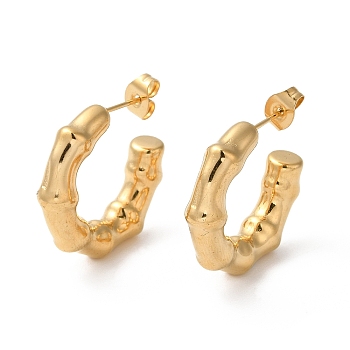 Ion Plating(IP) 304 Stainless Steel Bamboo Ring Stud Earring, Half Hoop Earrings, Real 18K Gold Plated, 23x5.5mm