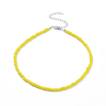 Glass Seed Beaded Necklaces, with Zinc Alloy Lobster Claw Clasps and Iron Twist Chains Extender, Yellow, 14.9 inch(38cm)