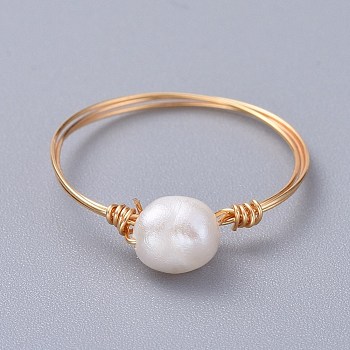 Grade A Natural Freshwater Pearl Rings, with Eco-Friendly Copper Wire, Golden, 19mm, 1mm