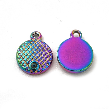 Ion Plating(IP) 304 Stainless Steel Pendant Rhinestone Settings, Flat Round, Rainbow Color, Fit For 1.2mm Rhinestone, 13.5x11x3mm, Hole: 1.6mm