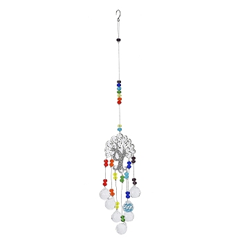 Alloy Tree of Life Pendant Decorations, Hanging Suncatcher, Glass Round Charms for Home Office Garden Decoration, Colorful, 405mm