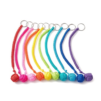 Outdoor Polyester & Spandex Cord Ropes Braided Wood Ball Keychains, with Iron Split Key Rings, Mixed Color, 23.3cm