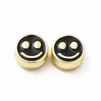 Rack Plating Alloy Enamel Beads, Cadmium Free & Nickel Free & Lead Free, Flat Round with Smiling Face Pattern, Light Gold, Black, 7.5x4mm, Hole: 2mm