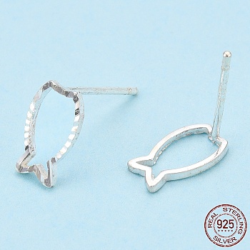 925 Sterling Silver Hollow Fish Stud Earrings, with S925 Stamp, Silver, 9x5.5mm, Pin: 0.8mm