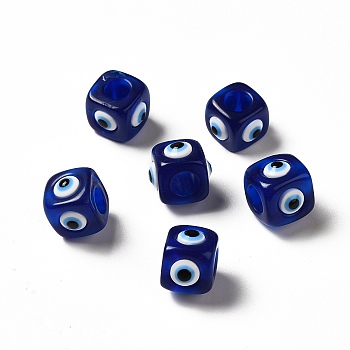Resin Evil Eye European Beads, Large Hole Bead, Cube, Medium Blue, 12.5x14~14.5x14~14.5mm, Hole: 6mm
