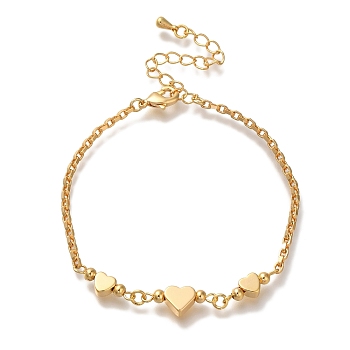 Heart Brass Link Bracelets, Real 18K Gold Plated, 6-3/8 inch(16.2cm)