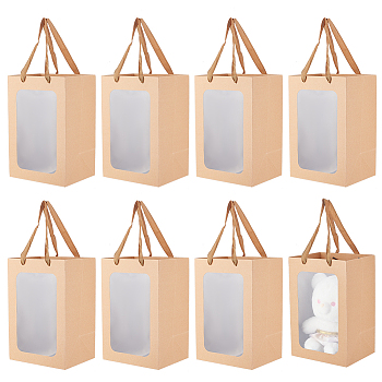 Rectangle Paper Gift Bags, with Plastic Visible Window and Polyester Handles, BurlyWood, Unfold: 30x20x16cm