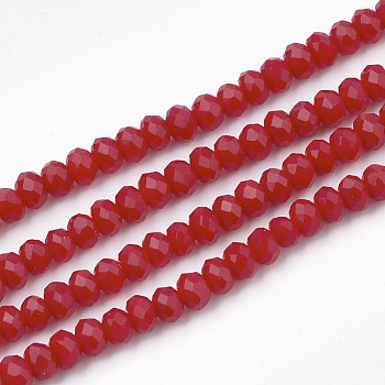 Opaque Solid Color Glass Beads Strands, Faceted, Rondelle, Red, 3x2mm, Hole: 0.5mm, about 150~155pcs/strand, 14.96 inch~15.35 inch(38~39cm)