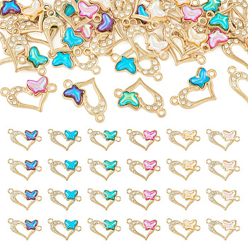 Pandahall 36Pcs 6 Colors Alloy Crystal Rhinestone Connector Charms, Heart Links with Acrylic Butterfly, Light Gold, Mixed Color, 14x23x3mm, Hole: 1.8mm, 6pcs/color
