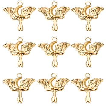 Beebeecraft 10Pcs Stainless Steel Pendants, Moon with Butterfly Charms, Real 18K Gold Plated, 24x25x2mm, Hole: 2.5mm