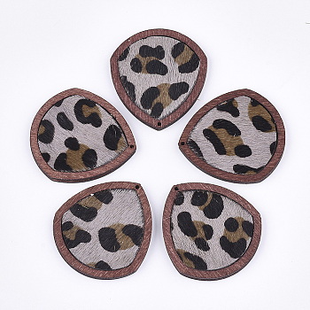 Eco-Friendly Cowhide Leather Pendants, with Dyed Wood, teardrop, with Leopard Print, Thistle, 41x37.5x4mm, Hole: 1.2mm