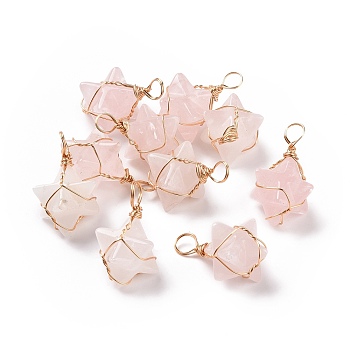 Natural Rose Quartz Copper Wire Wrapped Pendants, Merkaba Star Charms, Golden, 26~31x20~21x13~15mm, Hole: 5~5.5mm